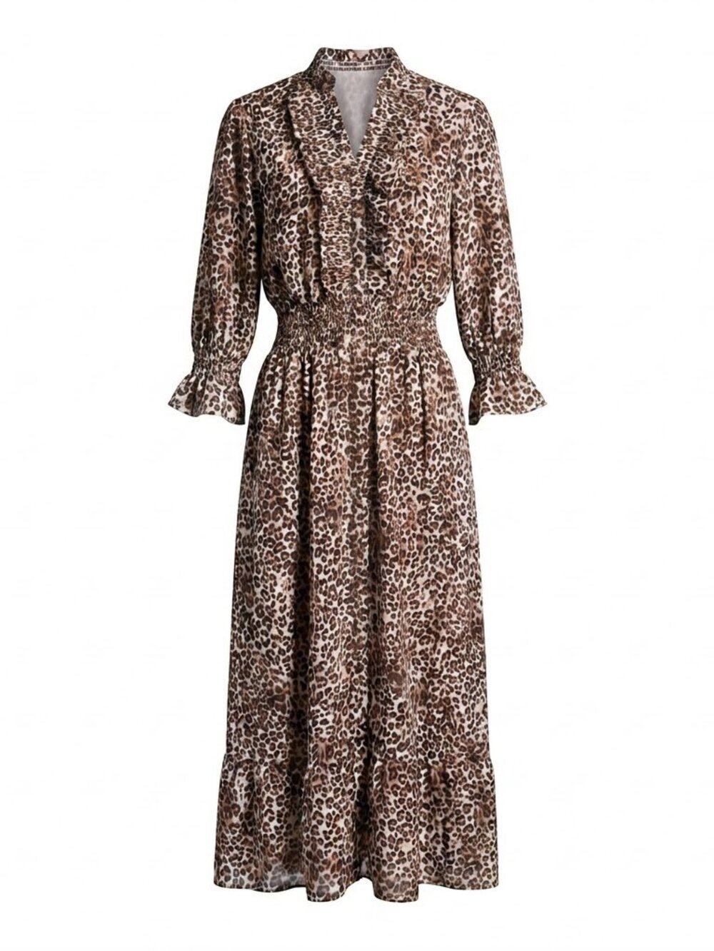 Leopard Print Maxi Dress Ruffle V-Neck Smocked Waist Tiered Boho Chic Medium M